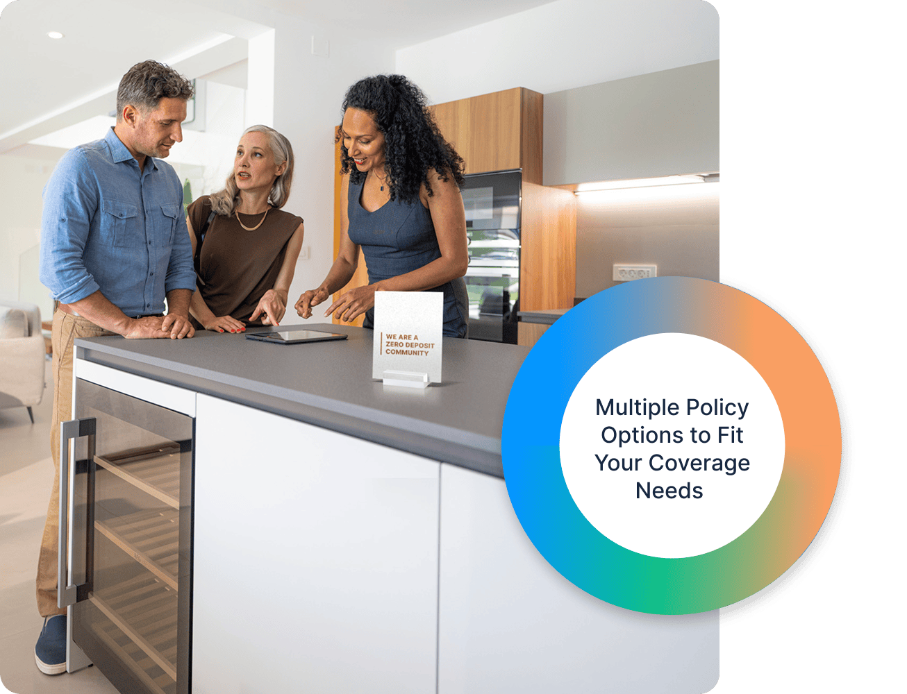 Leasing professional meeting with renters at an apartment, with a badge reading Multiple Policy Options to Fit Your Coverage Needs
